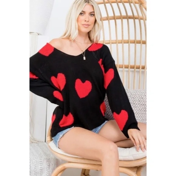 Black Red Multi Heart Knit V-Neck Valentines Day Long Sleeve Relaxed Sweater - Picture 2 of 10